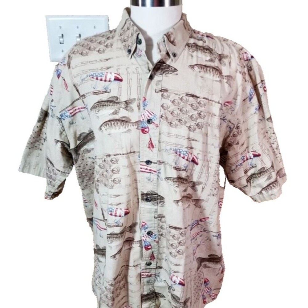 Vtg Redhead Men's Button-Up Short Sleeve Shirt Sz XL Fish Tackle Red White Blue